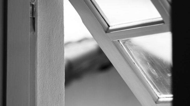 a black and white photo of a window with a skylight