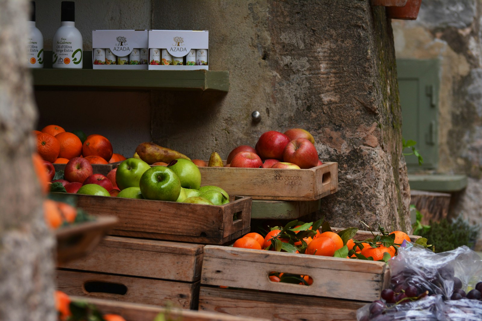 a group of baskets full of fruits