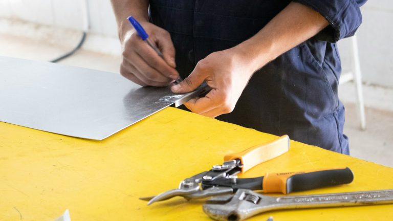 person holding blue and silver scissors